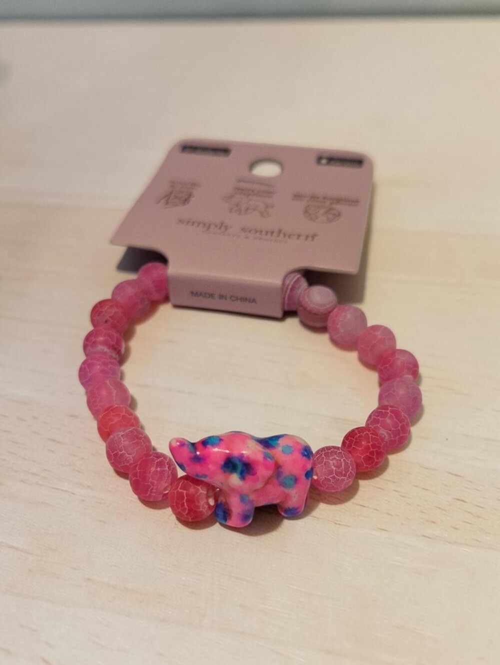 Simply Southern Pink Crackle Elephant Tracker Bracelet, w/Pink&blue Elephant NWT